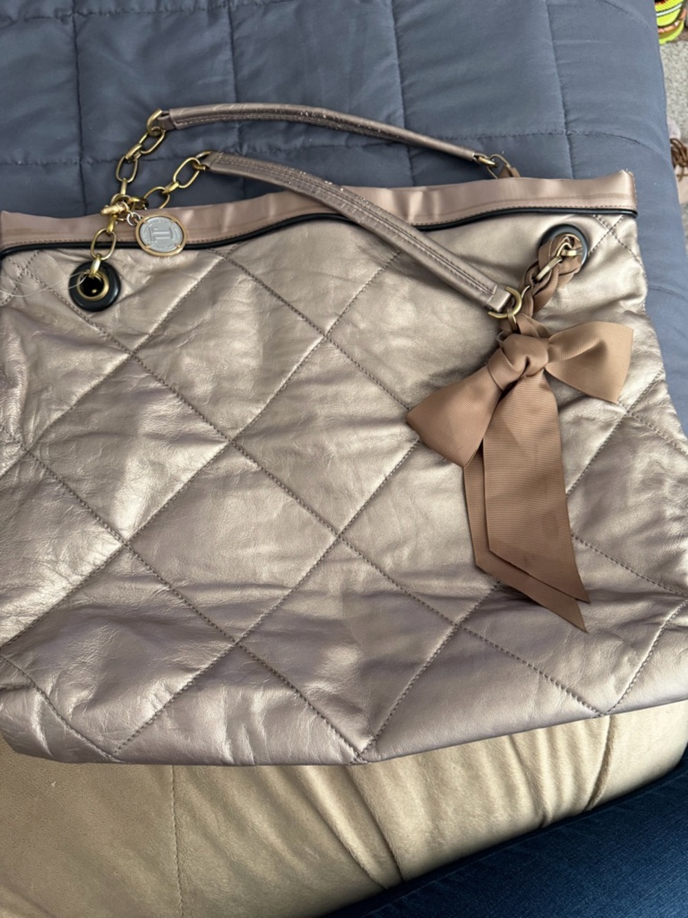 Lanvin Quilted Rose Gold Tote with Bow and Gold Hardware
